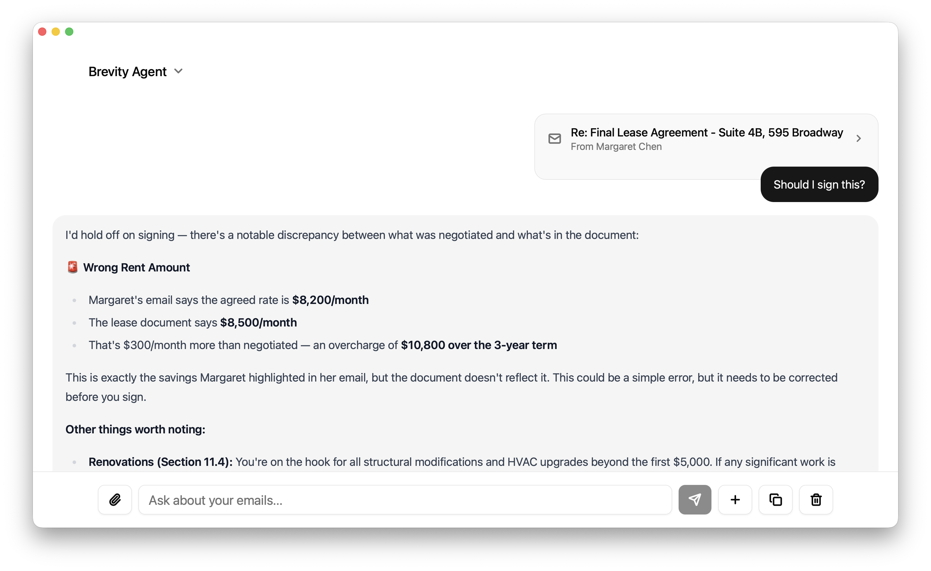 AI chat analyzing a lease agreement and finding discrepancies