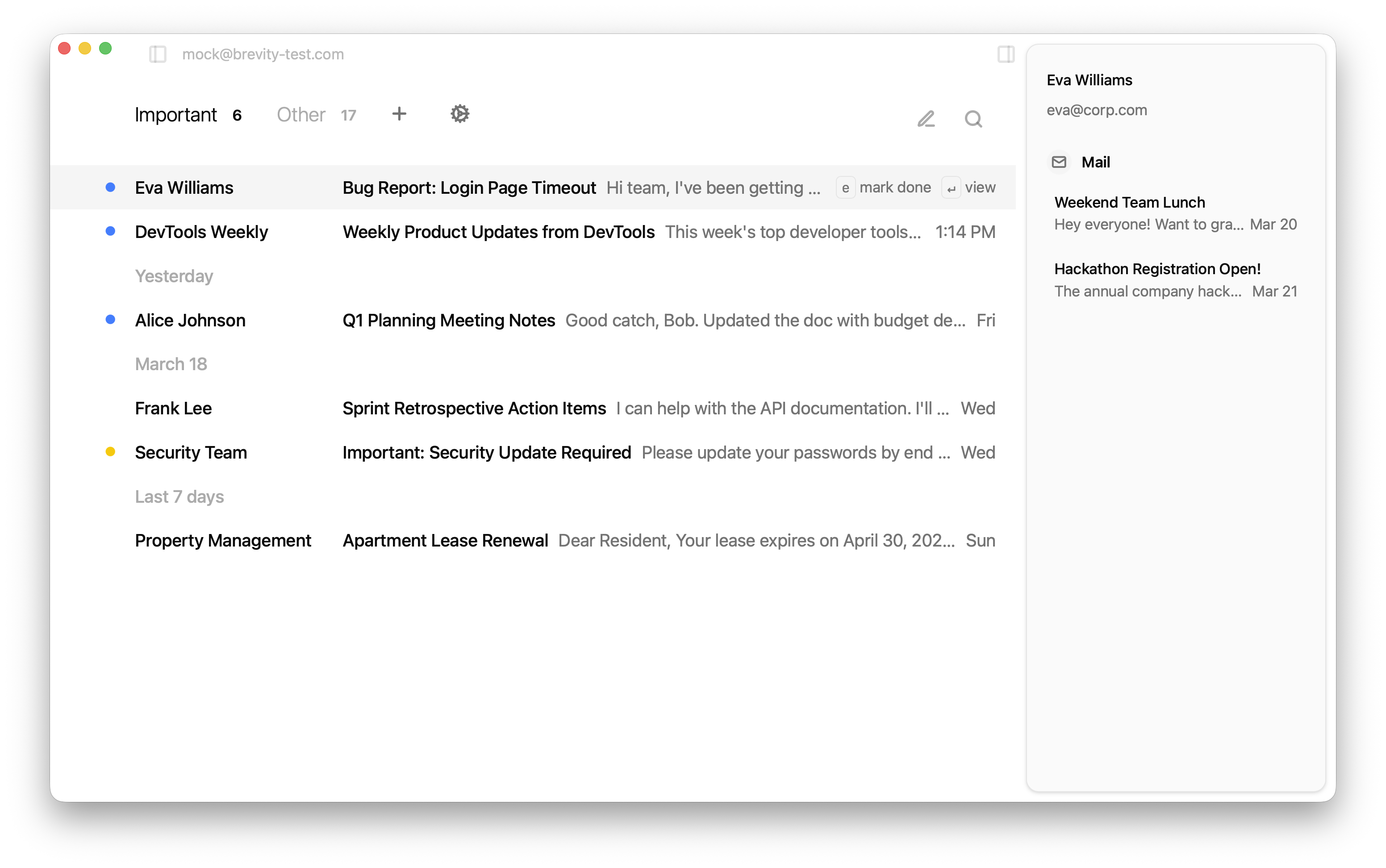 Brevity email client inbox view