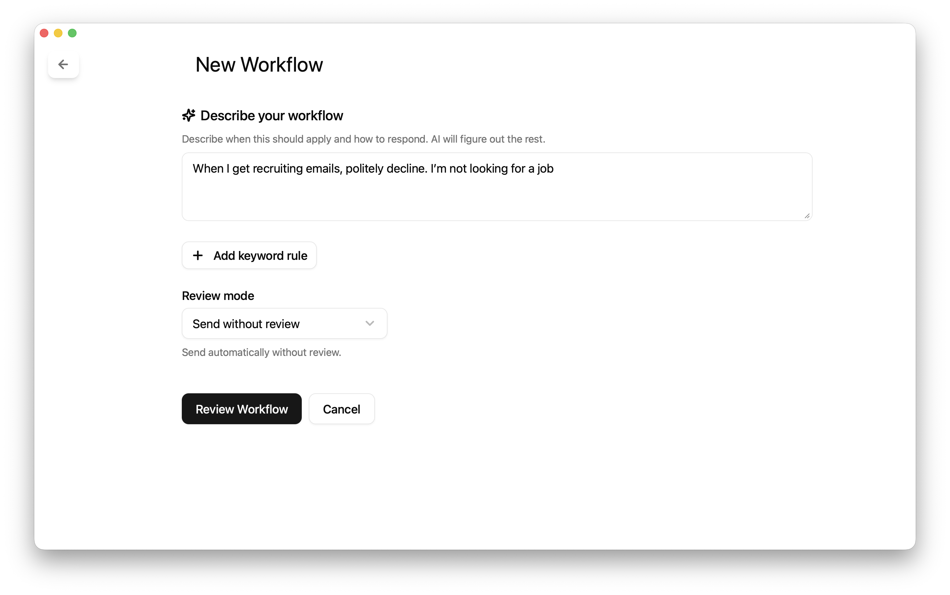 Brevity workflow editor with AI-powered email automation rules